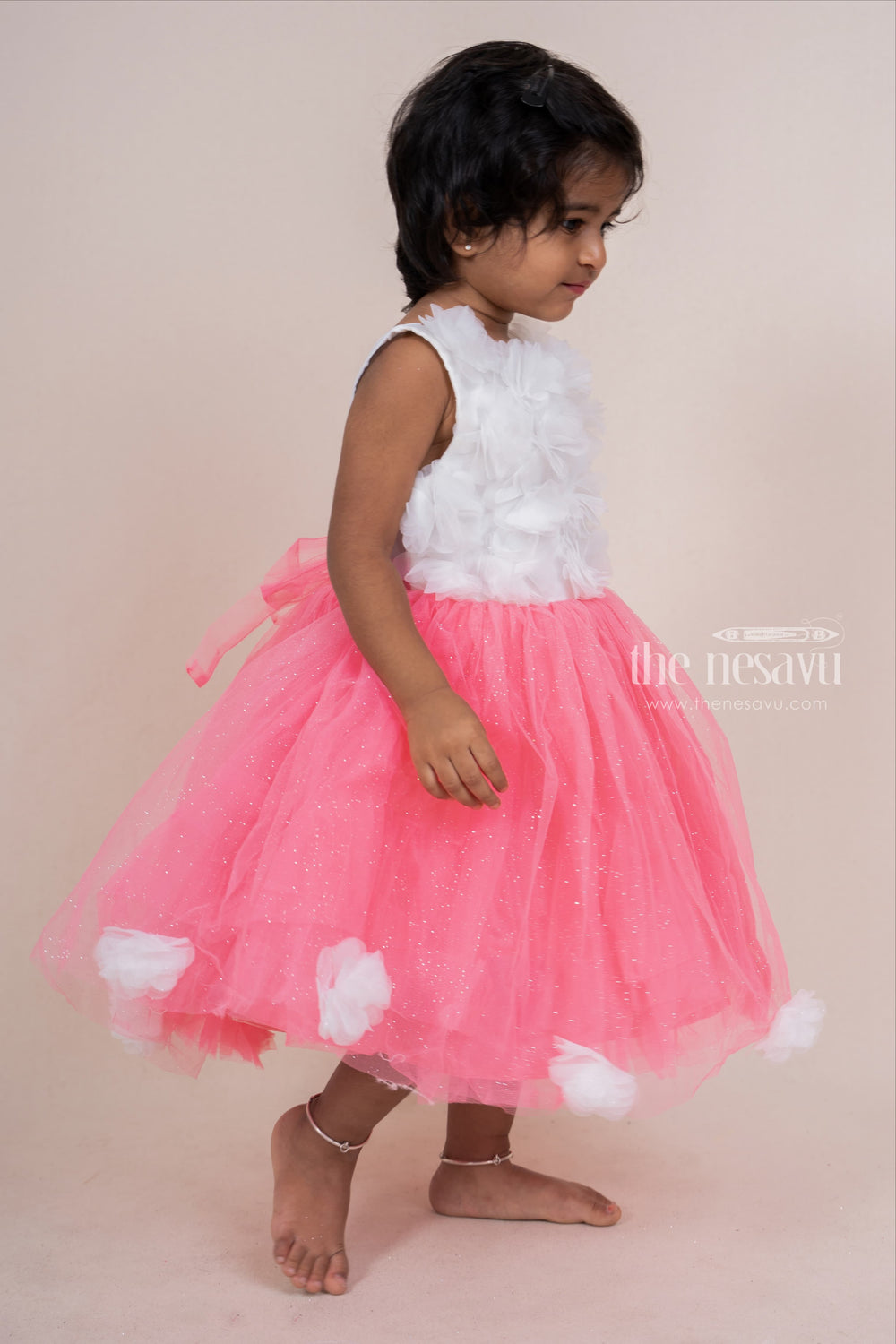 The Nesavu Party Frock Dark Pink With White Floral Embellished Party Frock For Baby Girls psr silks Nesavu