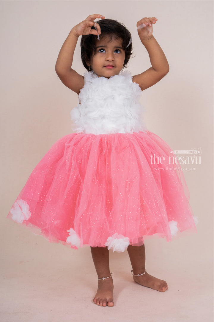 The Nesavu Party Frock Dark Pink With White Floral Embellished Party Frock For Baby Girls psr silks Nesavu