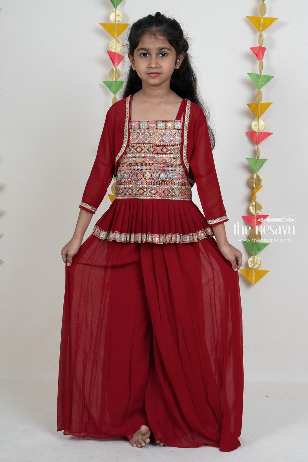 The Nesavu Sets & Suits Dark Red Embroidery Pleated Georgette Palazzo Suit For Girls psr silks Nesavu