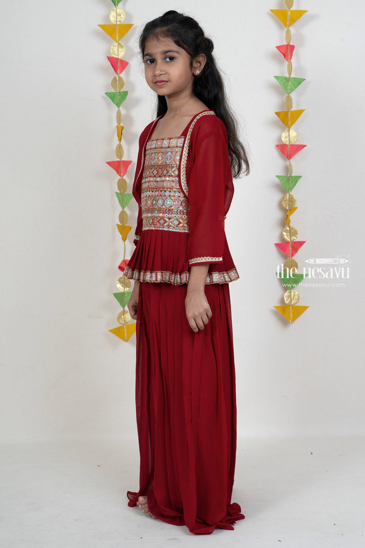 The Nesavu Sets & Suits Dark Red Embroidery Pleated Georgette Palazzo Suit For Girls psr silks Nesavu