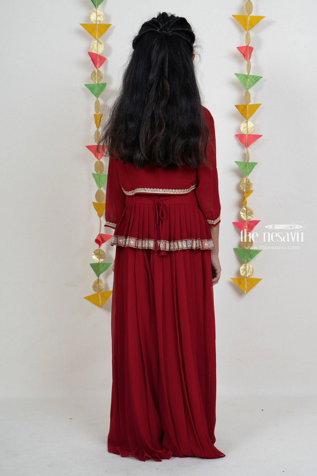 The Nesavu Sets & Suits Dark Red Embroidery Pleated Georgette Palazzo Suit For Girls psr silks Nesavu