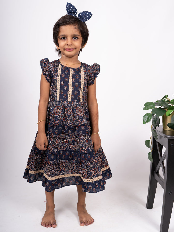 The Nesavu Frocks & Dresses Dark Royal Blue Mandala Print Cotton Frock With Flutter Sleeve psr silks Nesavu 16 (1Y) / Blue GFC563