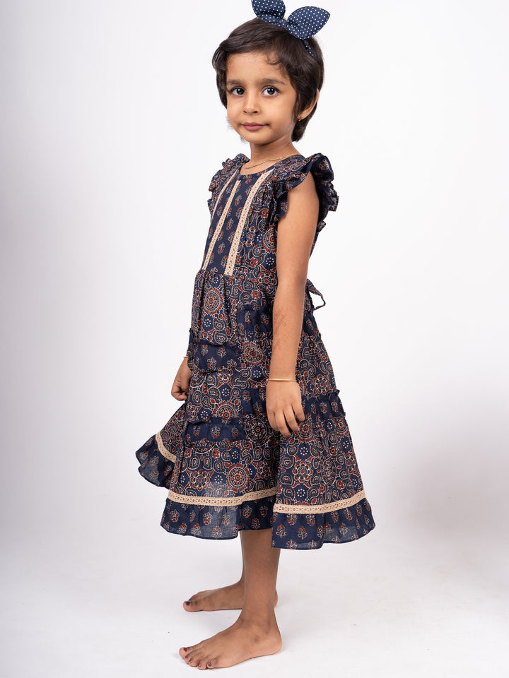 The Nesavu Frocks & Dresses Dark Royal Blue Mandala Print Cotton Frock With Flutter Sleeve psr silks Nesavu