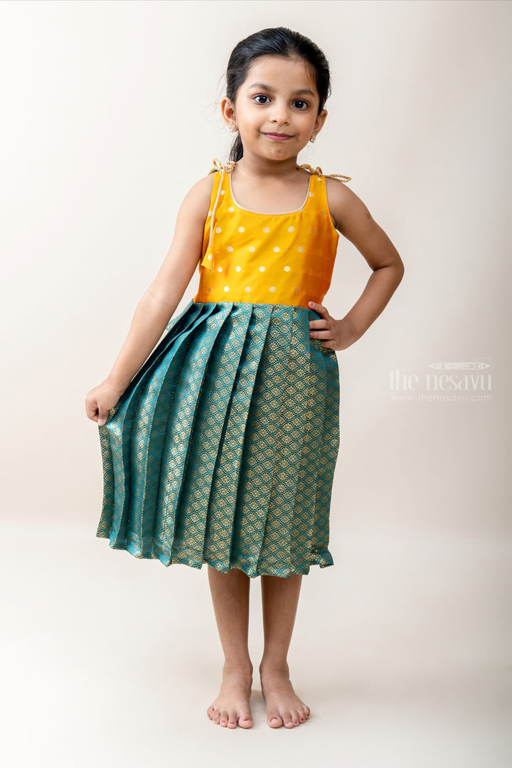 The Nesavu Tie-up Frock Dark Seagreen Banarasi Brocade Silk With Yellow Yoke Tie UP Frock. psr silks Nesavu 14 (6M) / Teal T245A