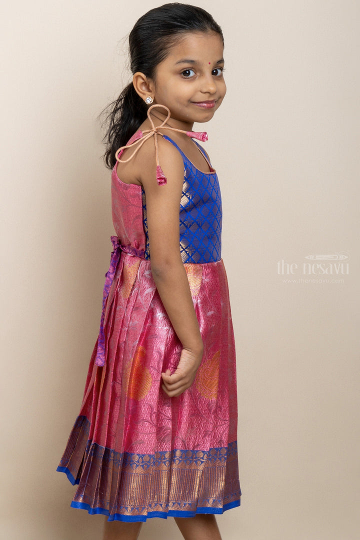 The Nesavu Tie-up Frock Dazzling PaleVioletRed And Blue Semi-Banaras Tie-Up Frocks For Girls psr silks Nesavu