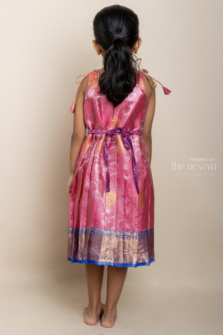 The Nesavu Tie-up Frock Dazzling PaleVioletRed And Blue Semi-Banaras Tie-Up Frocks For Girls psr silks Nesavu