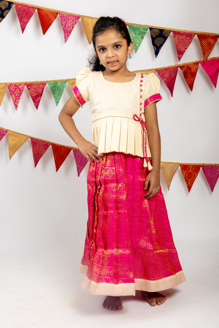 The Nesavu Pattu Pavadai Deep Magenta Pink Semi Kanchi Jacquard Silk Pattu Pavada With Contrasting Peplum Blouse psr silks Nesavu 14 (6M) / Deeppink GPP245