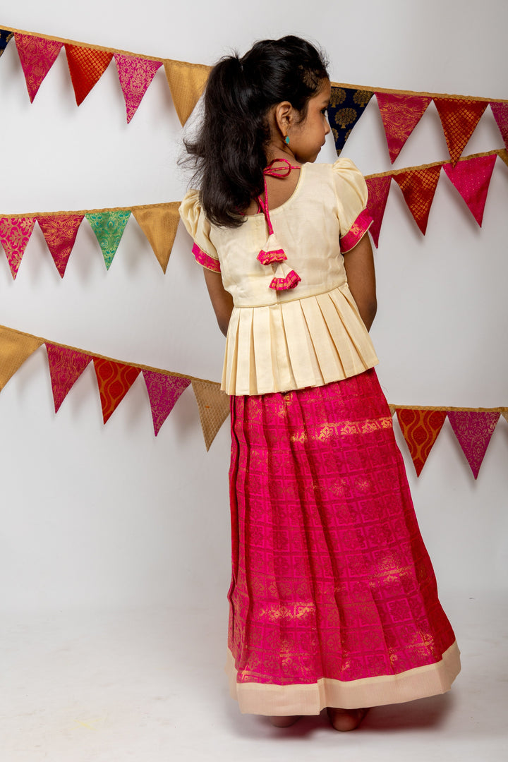 The Nesavu Pattu Pavadai Deep Magenta Pink Semi Kanchi Jacquard Silk Pattu Pavada With Contrasting Peplum Blouse psr silks Nesavu