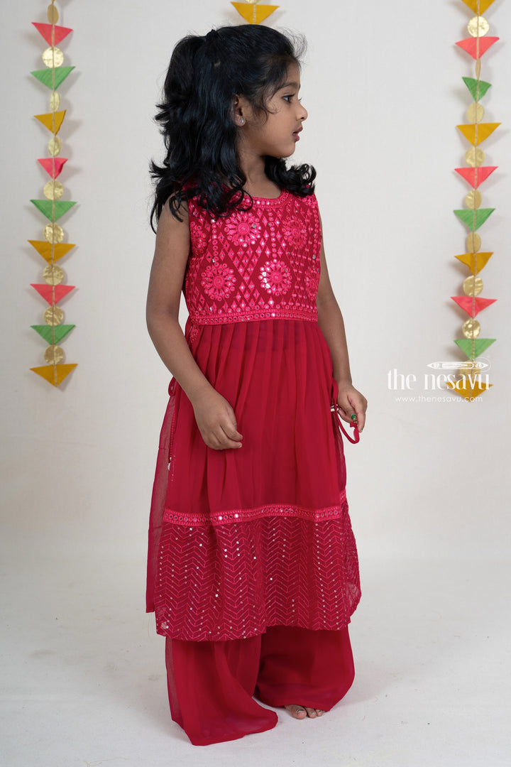 The Nesavu Sets & Suits Deep Pink Mirror Designer Embroidery Georgette Palazzo Suit For Girls psr silks Nesavu