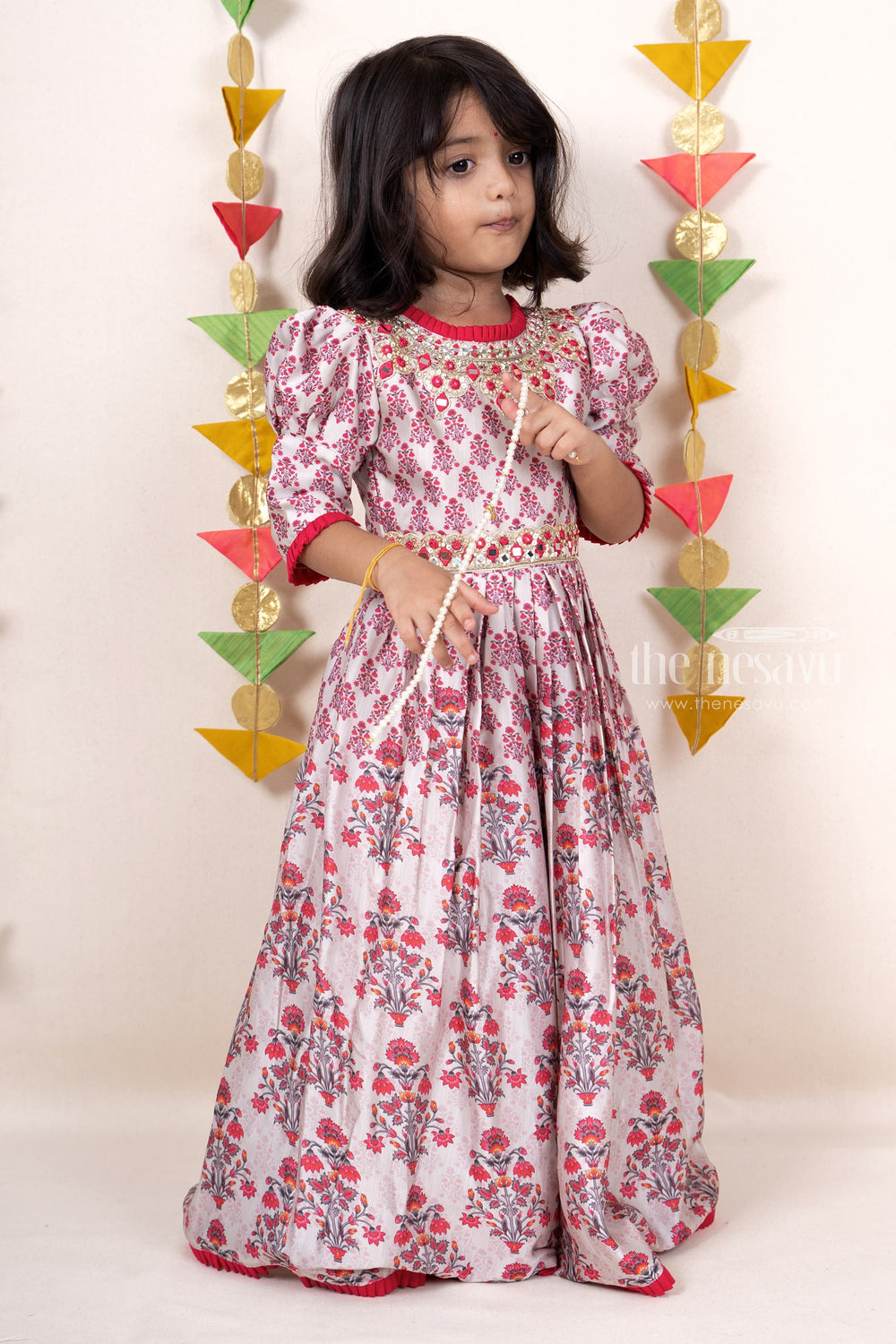 The Nesavu Kids Anarkali Deep Pink Silk Cotton Pleated Mirror Embroidery Anarkali Kurta For Girls psr silks Nesavu