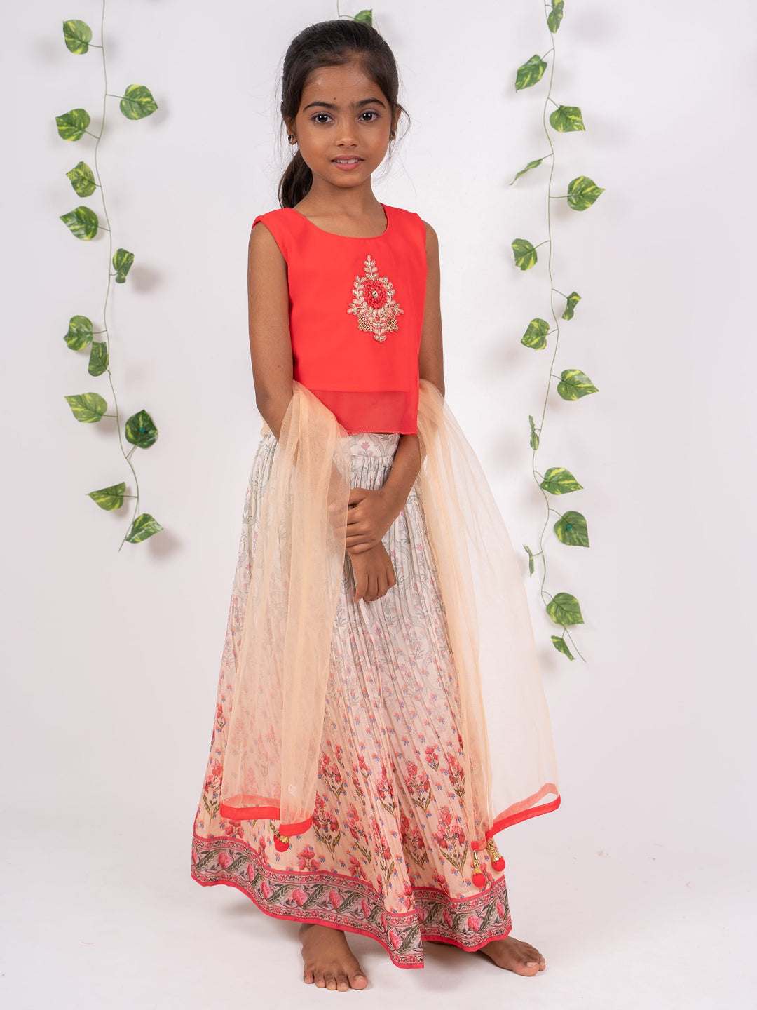 The Nesavu Lehenga & Ghagra Designer Floral Lehenga With Orange Embroidery Crop Top For Girls psr silks Nesavu 16 (1Y-2Y) / antiquewhite GL189