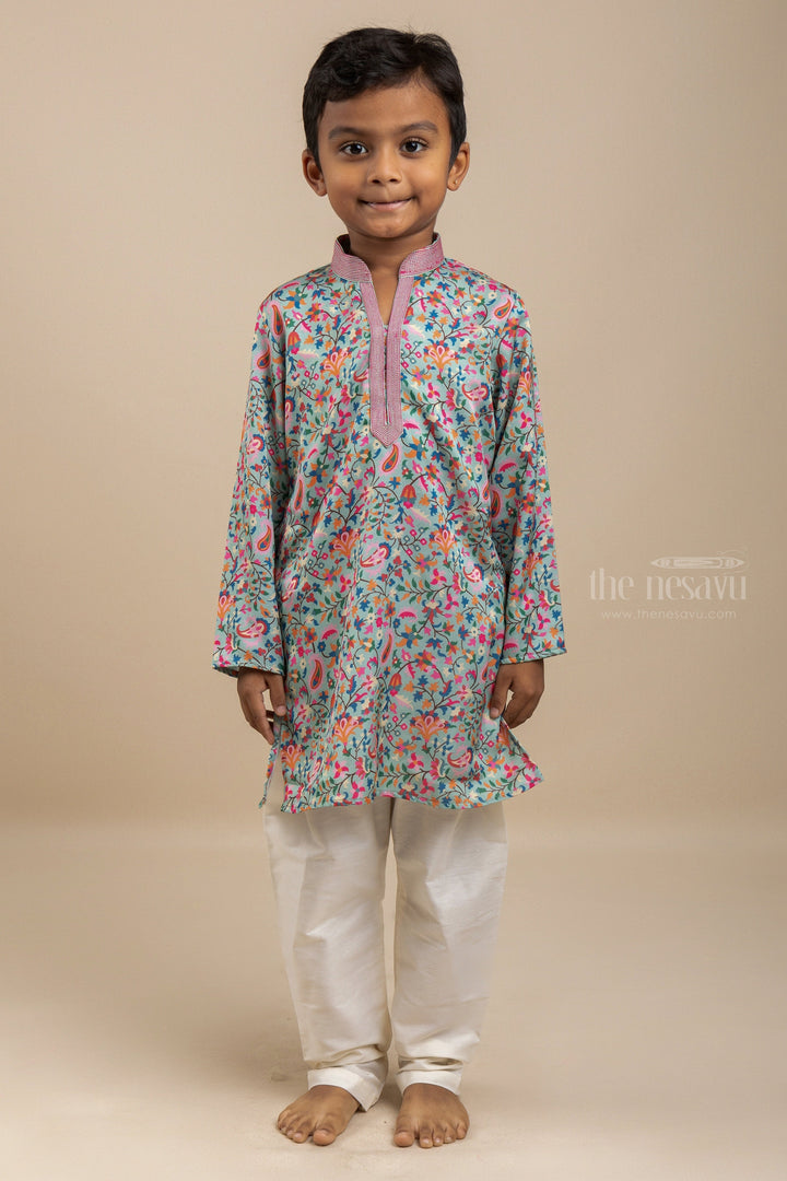 The Nesavu Ethnic Sets Designer Mode - Super Blue Floral Printed Kurta With White Cotton Pants psr silks Nesavu 14 (6M) / Green BES235