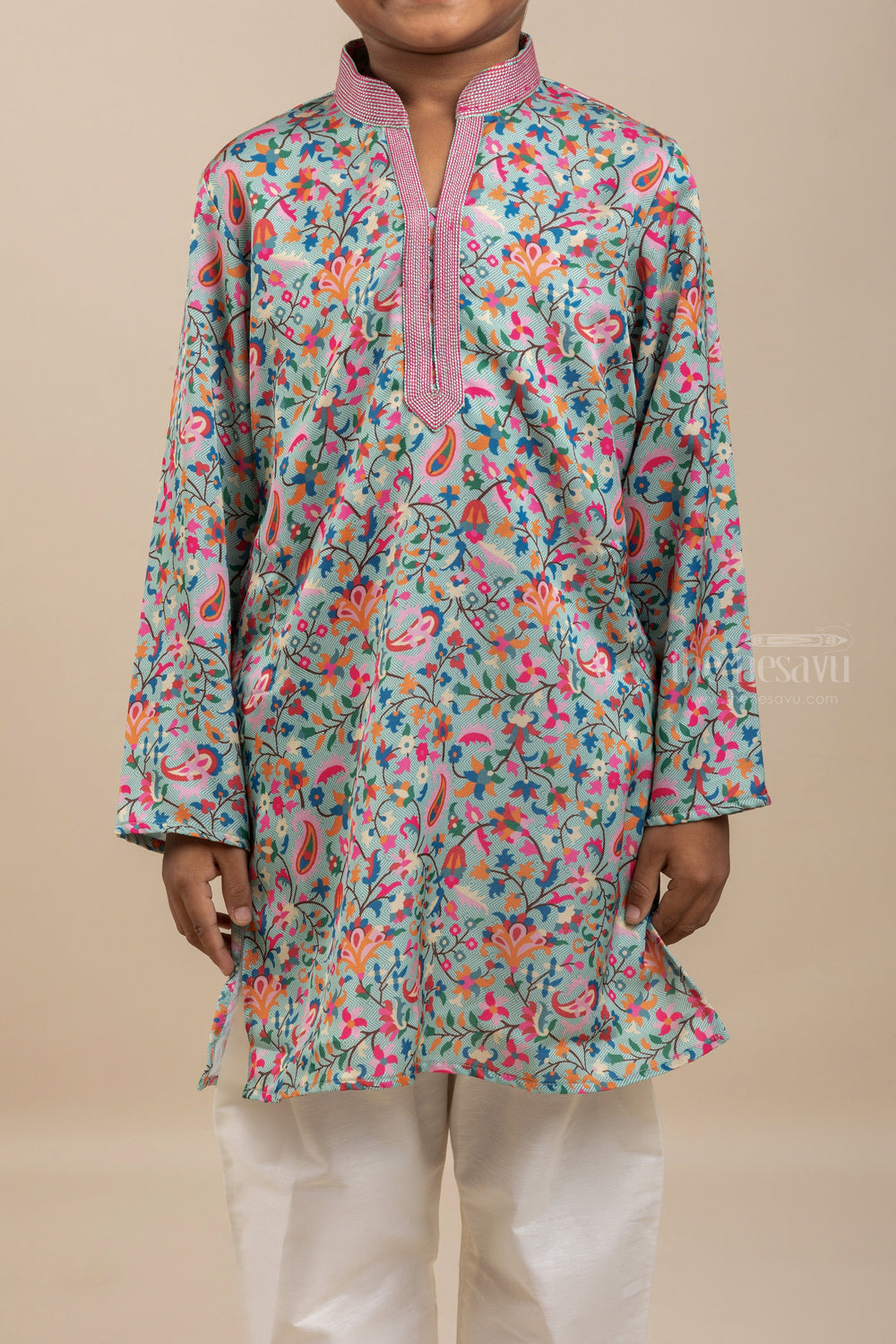 The Nesavu Ethnic Sets Designer Mode - Super Blue Floral Printed Kurta With White Cotton Pants psr silks Nesavu