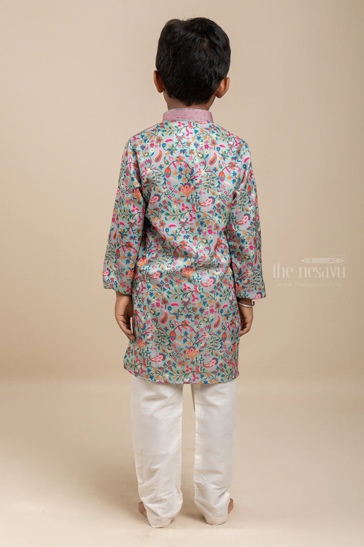 The Nesavu Ethnic Sets Designer Mode - Super Blue Floral Printed Kurta With White Cotton Pants psr silks Nesavu