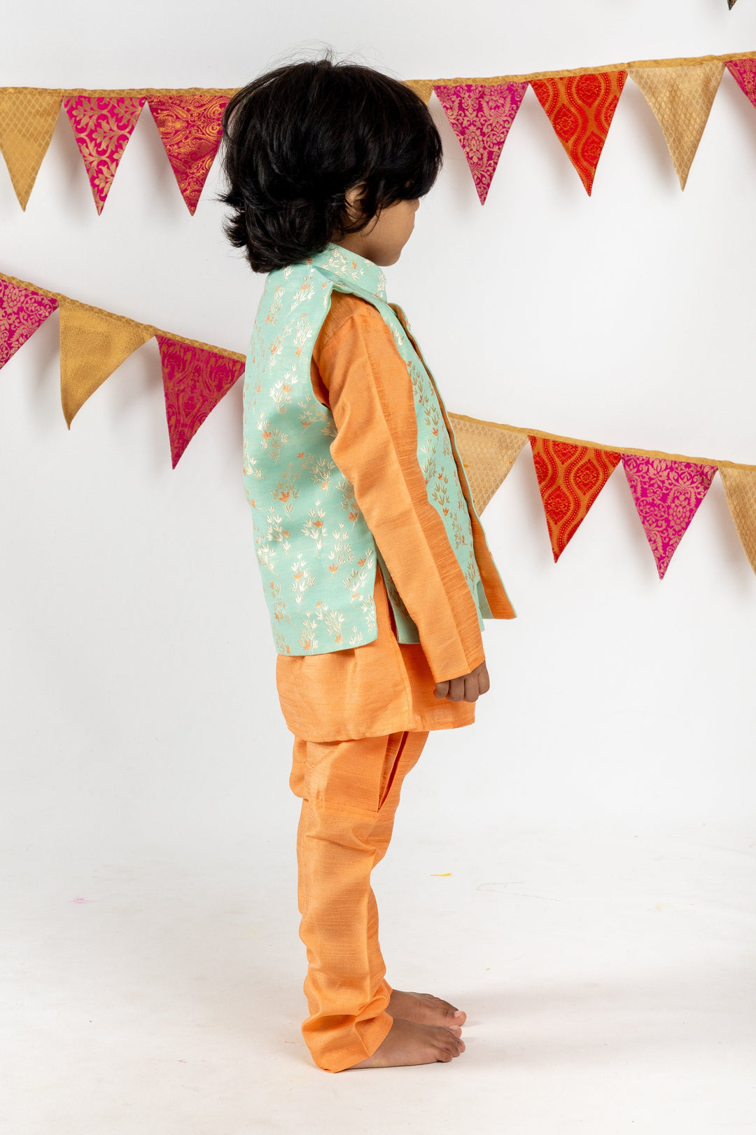 The Nesavu Ethnic Sets Designer Orange With Sky Blue Over Coat Attached Kurta Suit For Baby Boys psr silks Nesavu 14 (6M) / Coral BES167