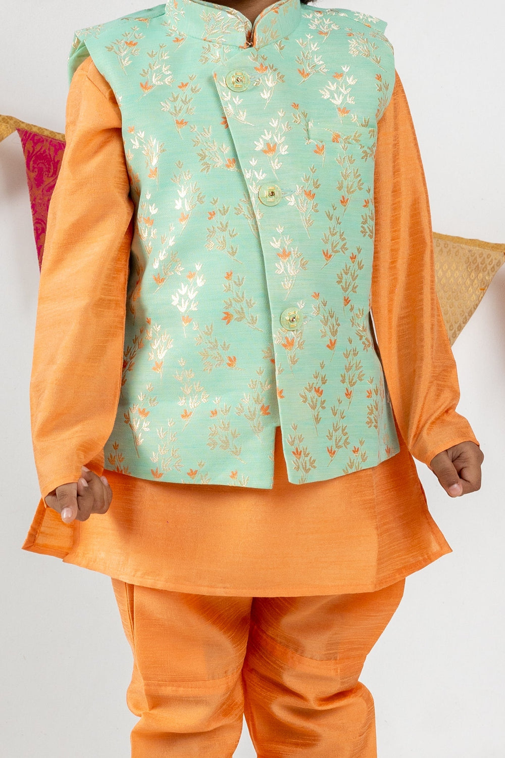 The Nesavu Ethnic Sets Designer Orange With Sky Blue Over Coat Attached Kurta Suit For Baby Boys psr silks Nesavu