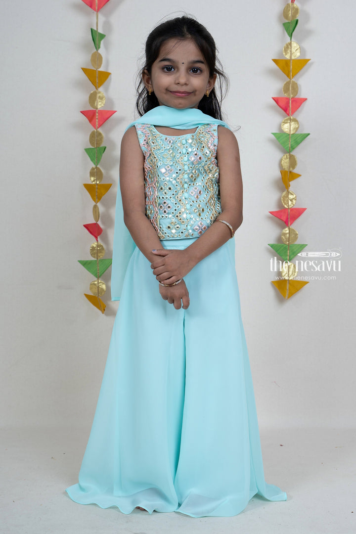 The Nesavu Sets & Suits Designer Sky Blue Palazzo Suit For Girls Kids With Dupatta psr silks Nesavu 16 (1Y) / cyan GPS045