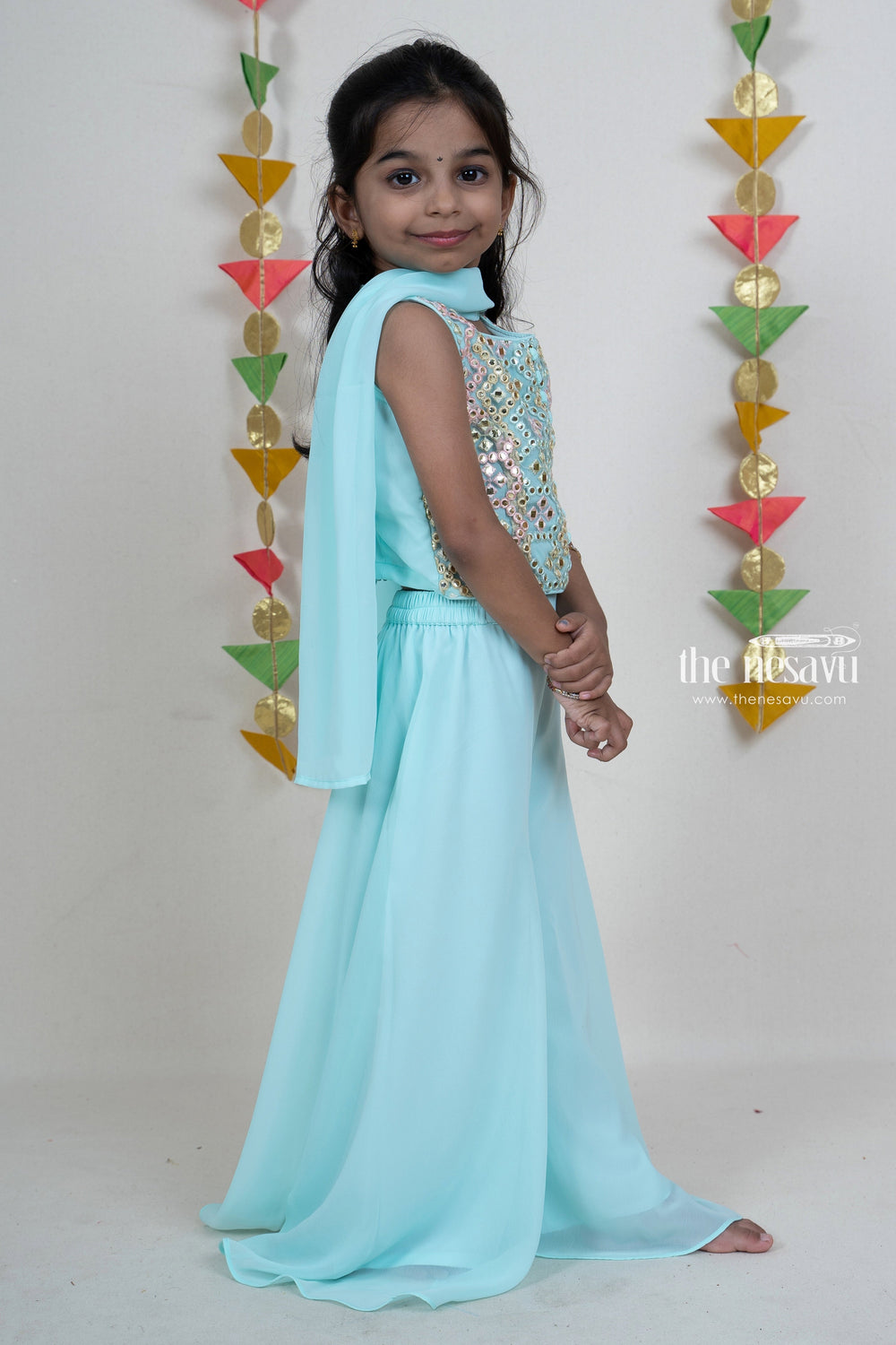 The Nesavu Sets & Suits Designer Sky Blue Palazzo Suit For Girls Kids With Dupatta psr silks Nesavu