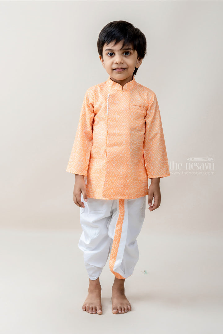 The Nesavu Ethnic Sets Diamond Prints - Orangish Golden Kurta With White Panchakacham For Boys psr silks Nesavu 10 (NB) / Peachpuff BES223A