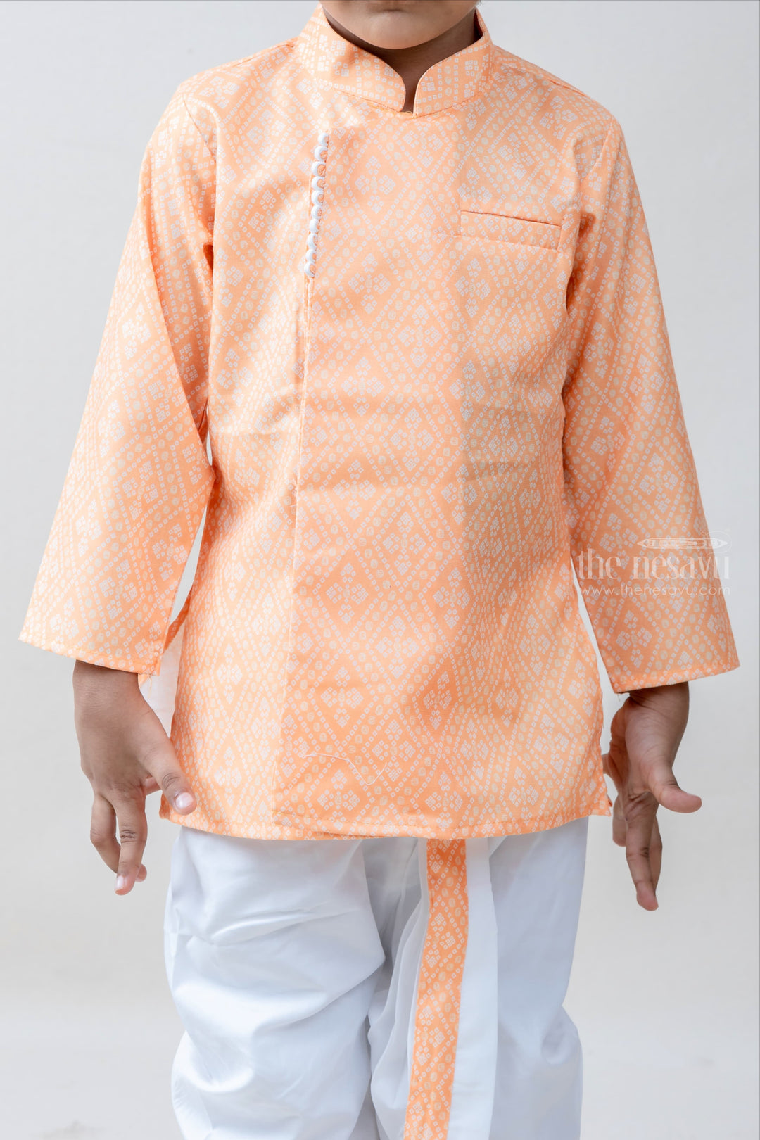 The Nesavu Ethnic Sets Diamond Prints - Orangish Golden Kurta With White Panchakacham For Boys psr silks Nesavu