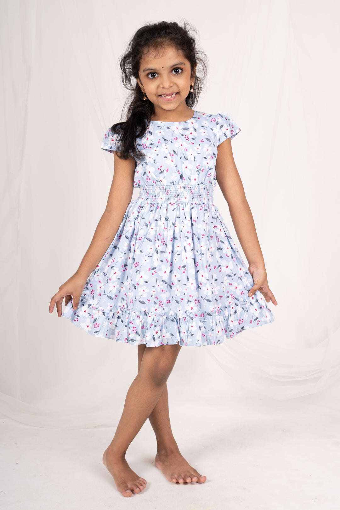 The Nesavu Frocks & Dresses Elastic Waist Ash Print Cotton Gown With Ruffled End psr silks Nesavu 12 (3M) / gray GFC829