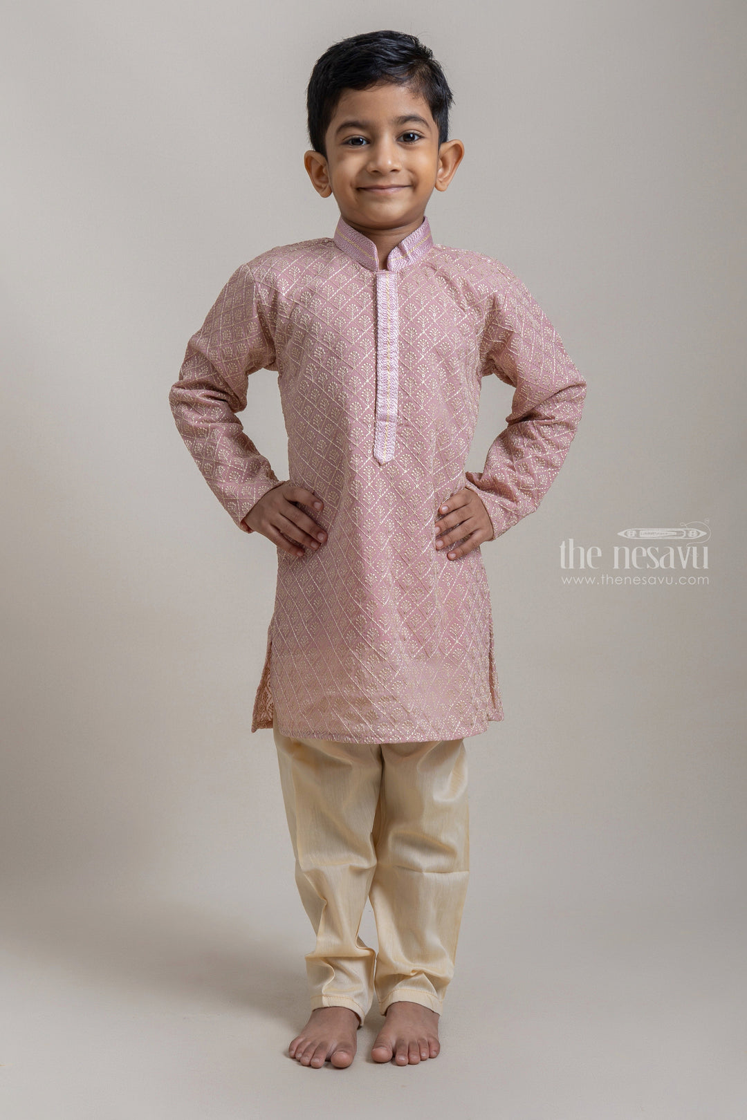 The Nesavu Ethnic Sets Elegant Brown Baroque Embroiderd Ethnic Kurta Set For Little Boys psr silks Nesavu 12 (3M) / Beige BES312A