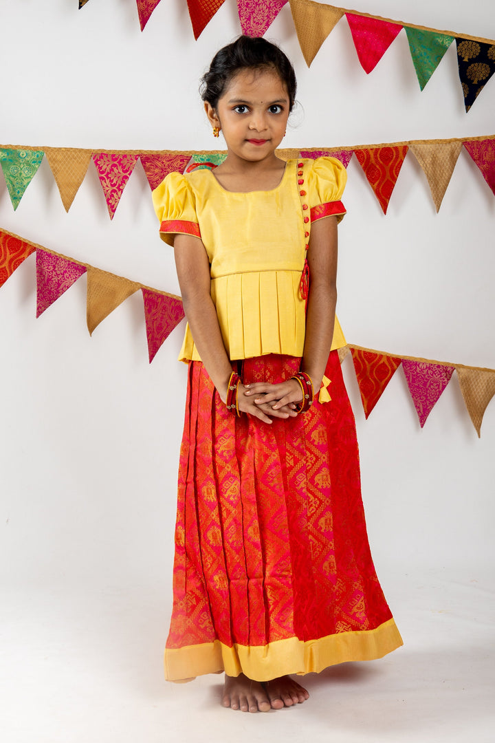 The Nesavu Pattu Pavadai Elegant Double Shaded Silk Skirt With Latest Designer Blouse For Girls psr silks Nesavu 14 (6M) / Red GPP236