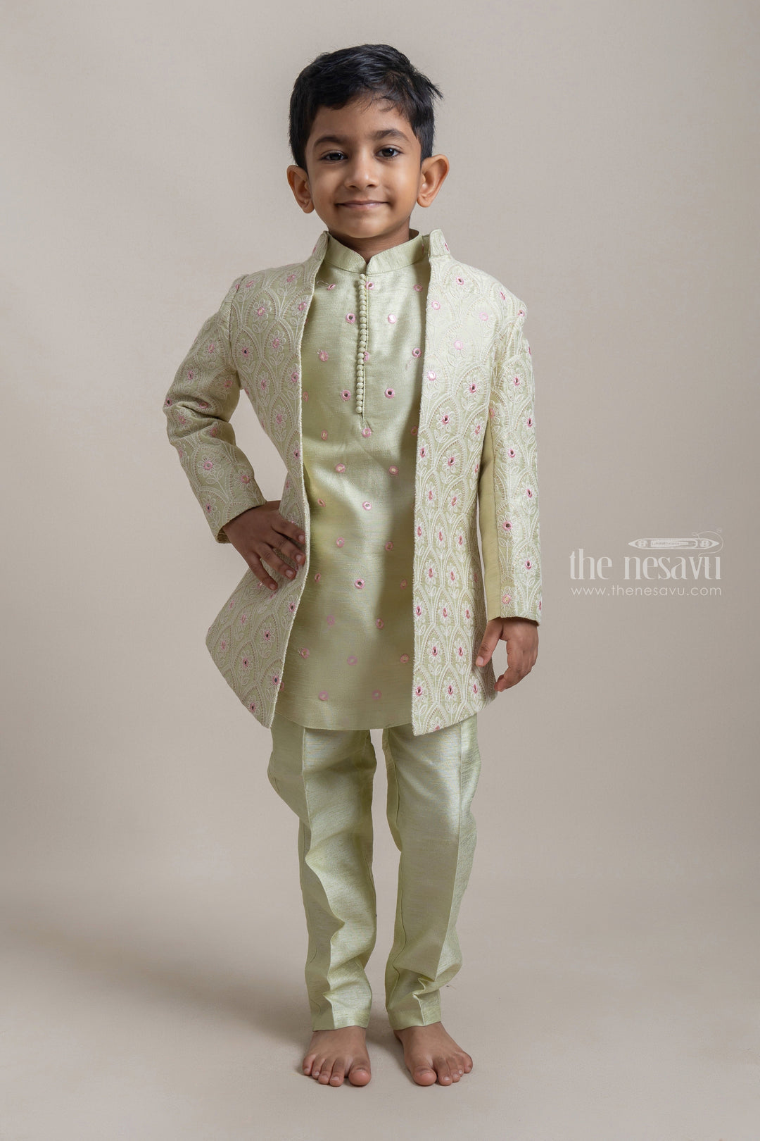 The Nesavu Ethnic Sets Elegant Ethnic Green Silk Kurta And Pant With Floral Embroidered Over Coat For Boys psr silks Nesavu 14 (6M) / Green BES308A