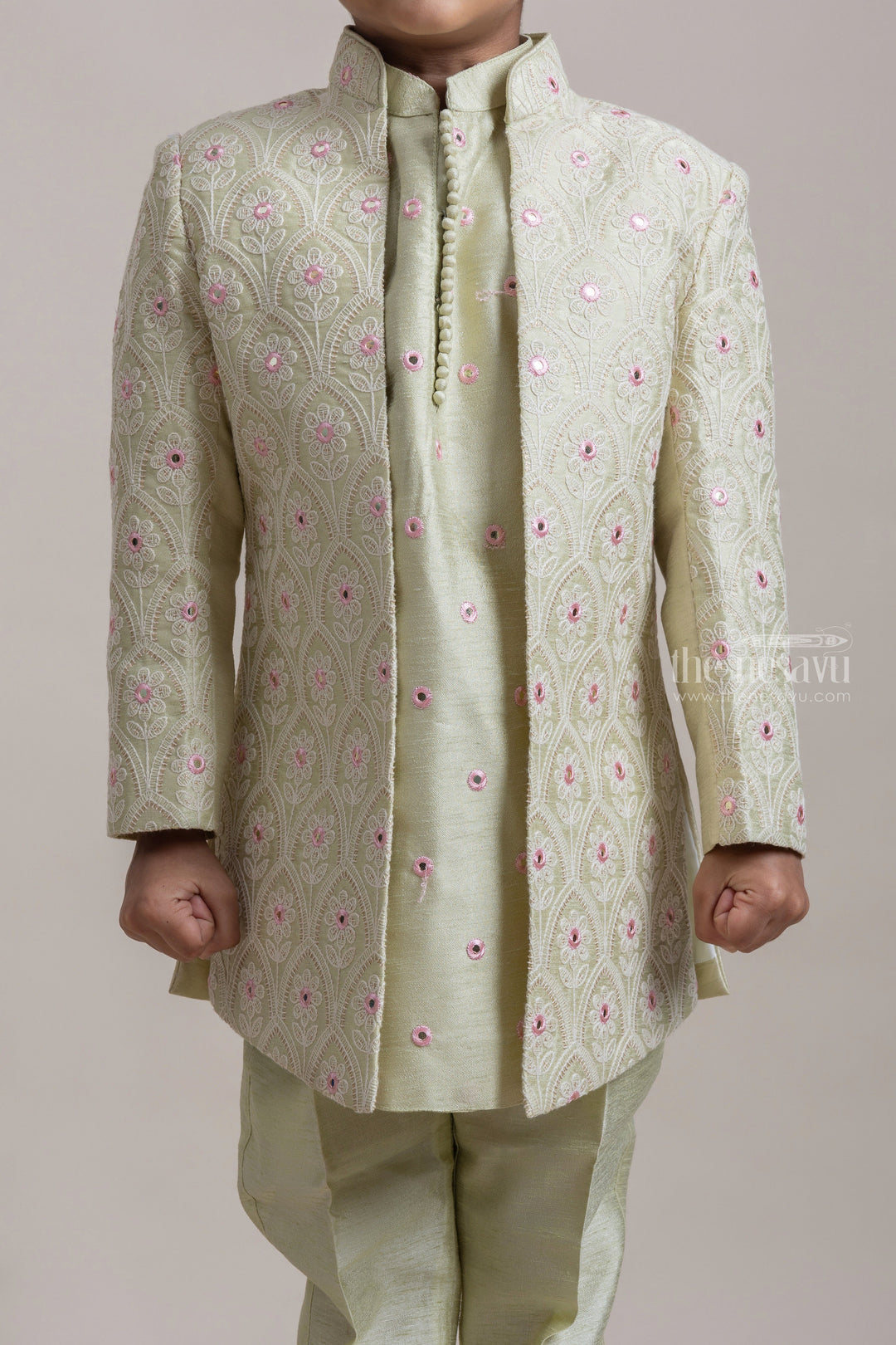 The Nesavu Ethnic Sets Elegant Ethnic Green Silk Kurta And Pant With Floral Embroidered Over Coat For Boys psr silks Nesavu