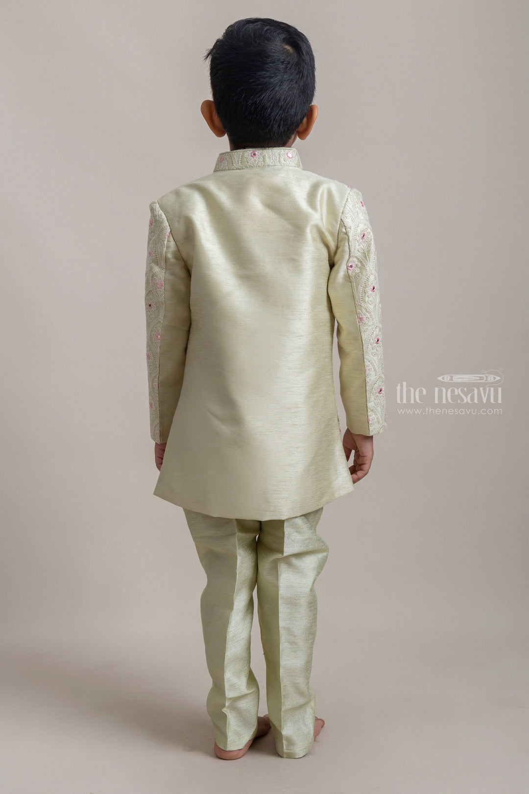 The Nesavu Ethnic Sets Elegant Ethnic Green Silk Kurta And Pant With Floral Embroidered Over Coat For Boys psr silks Nesavu