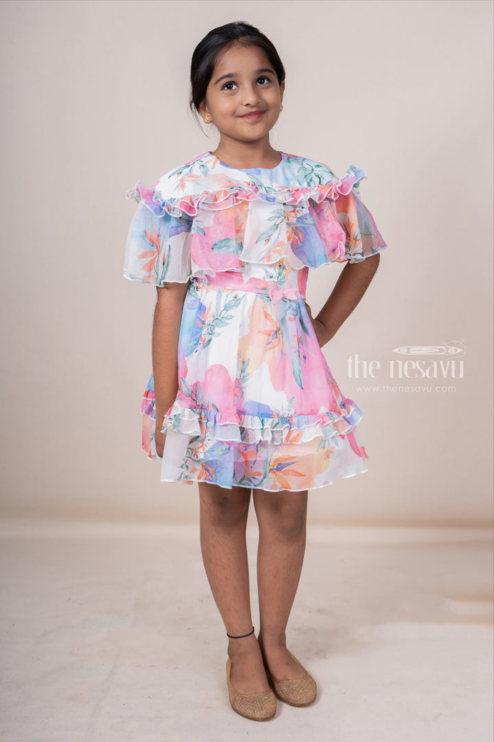 The Nesavu Frocks & Dresses Elegant Floral Patterned Ruffle Trimmed Chiffon Cotton Gown For Girls psr silks Nesavu 22 (4Y) / Multicolor GFC912