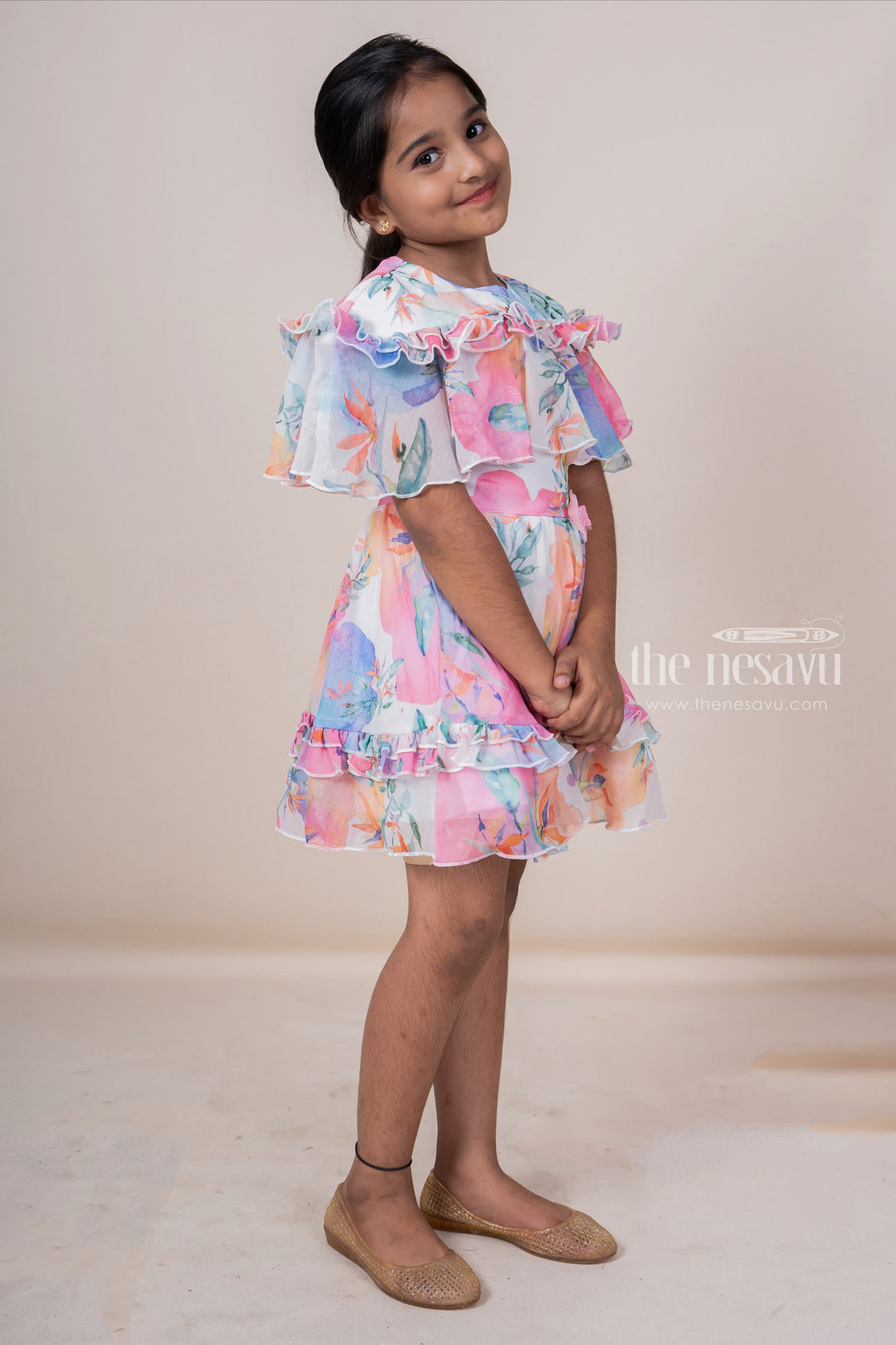 The Nesavu Frocks & Dresses Elegant Floral Patterned Ruffle Trimmed Chiffon Cotton Gown For Girls psr silks Nesavu