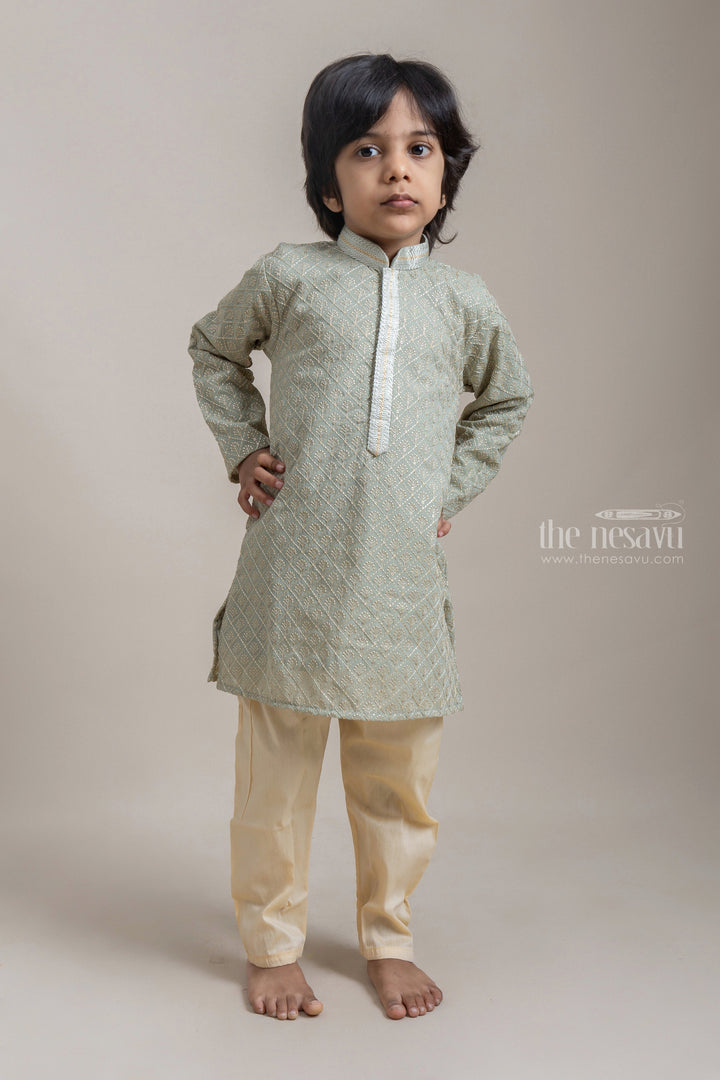 The Nesavu Ethnic Sets Elegant Green Baroque Embroiderd Ethnic Kurta Set For Little Boys psr silks Nesavu 12 (3M) / Green BES312B