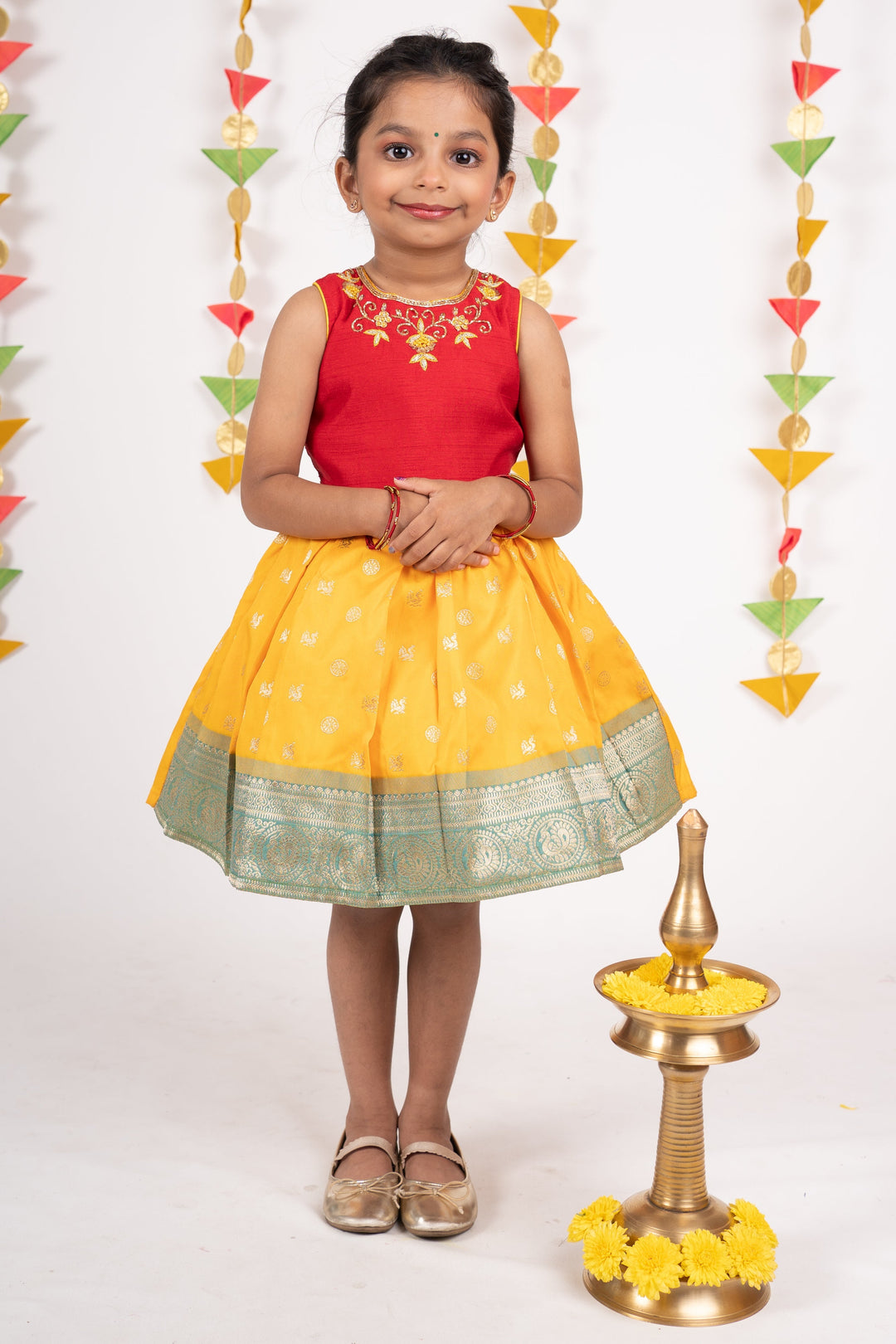 The Nesavu Silk Frocks Elegant Neck Embroidery Banarasi Girls Semi Silk Frock psr silks Nesavu 12 (3M) / Yellow SF031