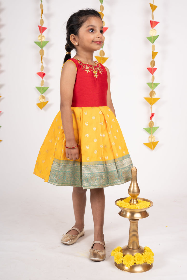 The Nesavu Silk Frocks Elegant Neck Embroidery Banarasi Girls Semi Silk Frock psr silks Nesavu
