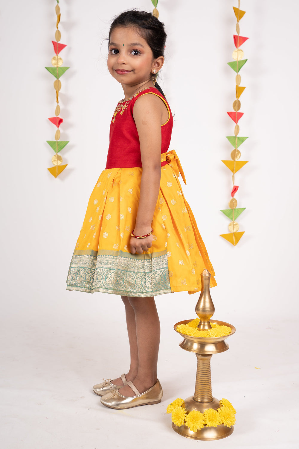 The Nesavu Silk Frocks Elegant Neck Embroidery Banarasi Girls Semi Silk Frock psr silks Nesavu