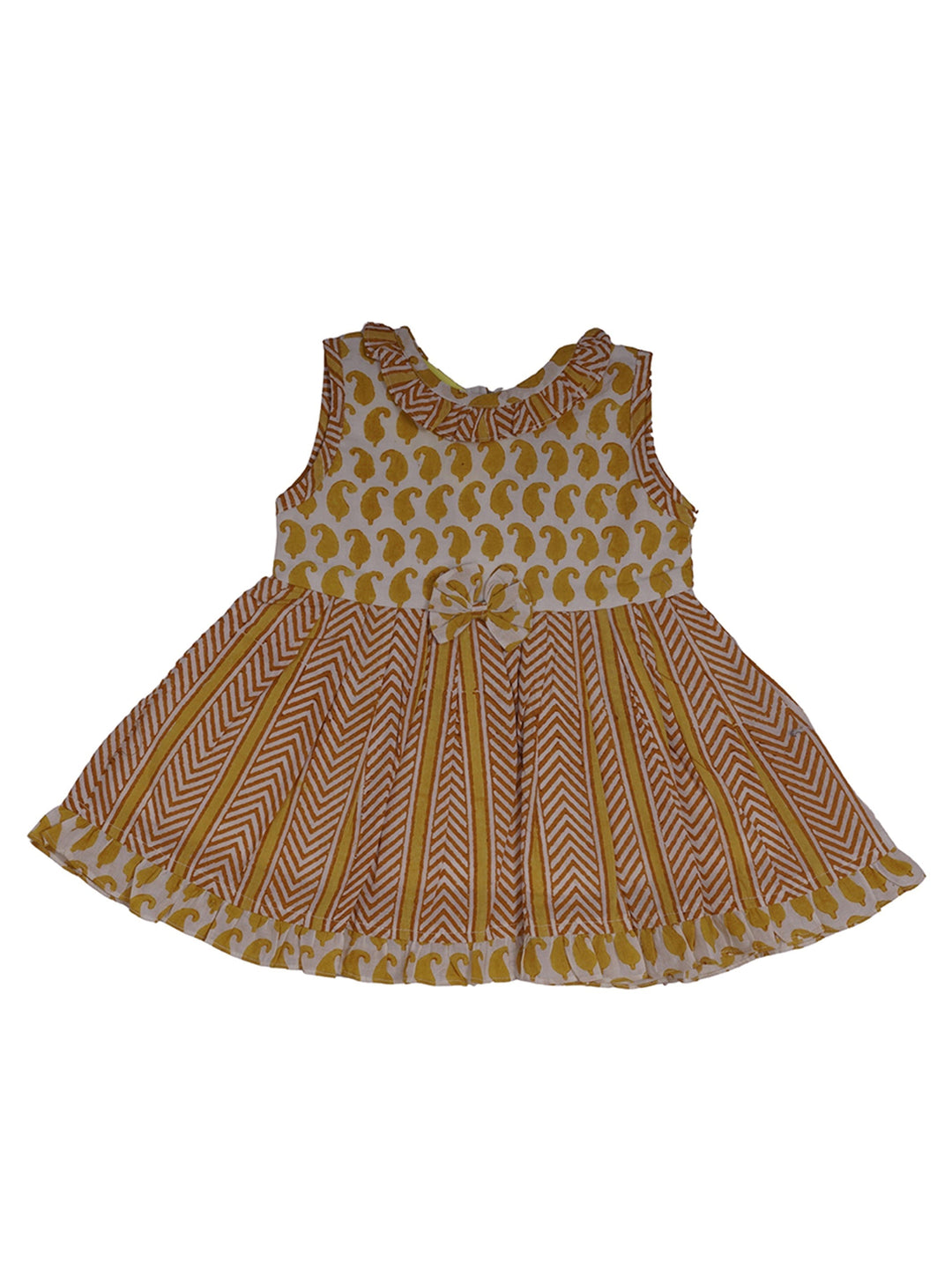 The Nesavu Frocks & Dresses Elegant Paisley Designer Cotton Gown With Neck Ruffles And Bow psr silks Nesavu 12 (0M-6M) / orange GFC703