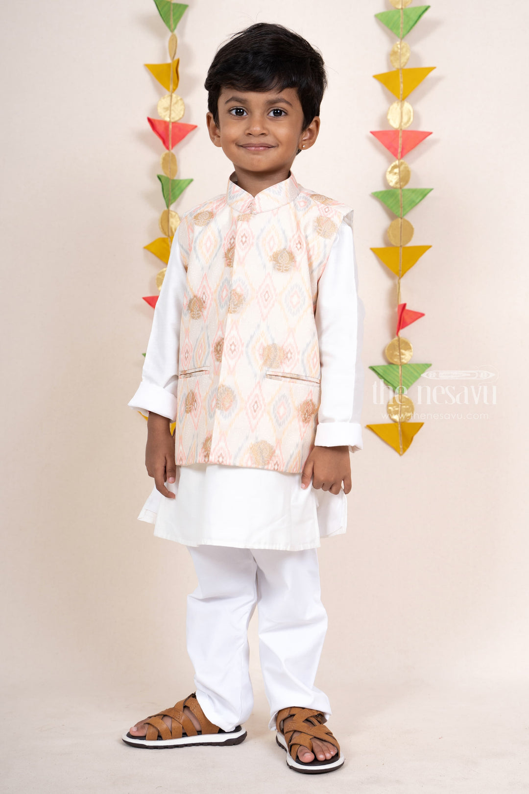 The Nesavu Ethnic Sets Elegant White Chanderi Silk Cotton Kurta For Boys With Pink Ikkat Overcoat psr silks Nesavu 14 (6M) / beige BES141