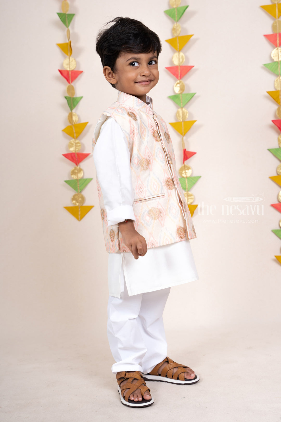 The Nesavu Ethnic Sets Elegant White Chanderi Silk Cotton Kurta For Boys With Pink Ikkat Overcoat psr silks Nesavu
