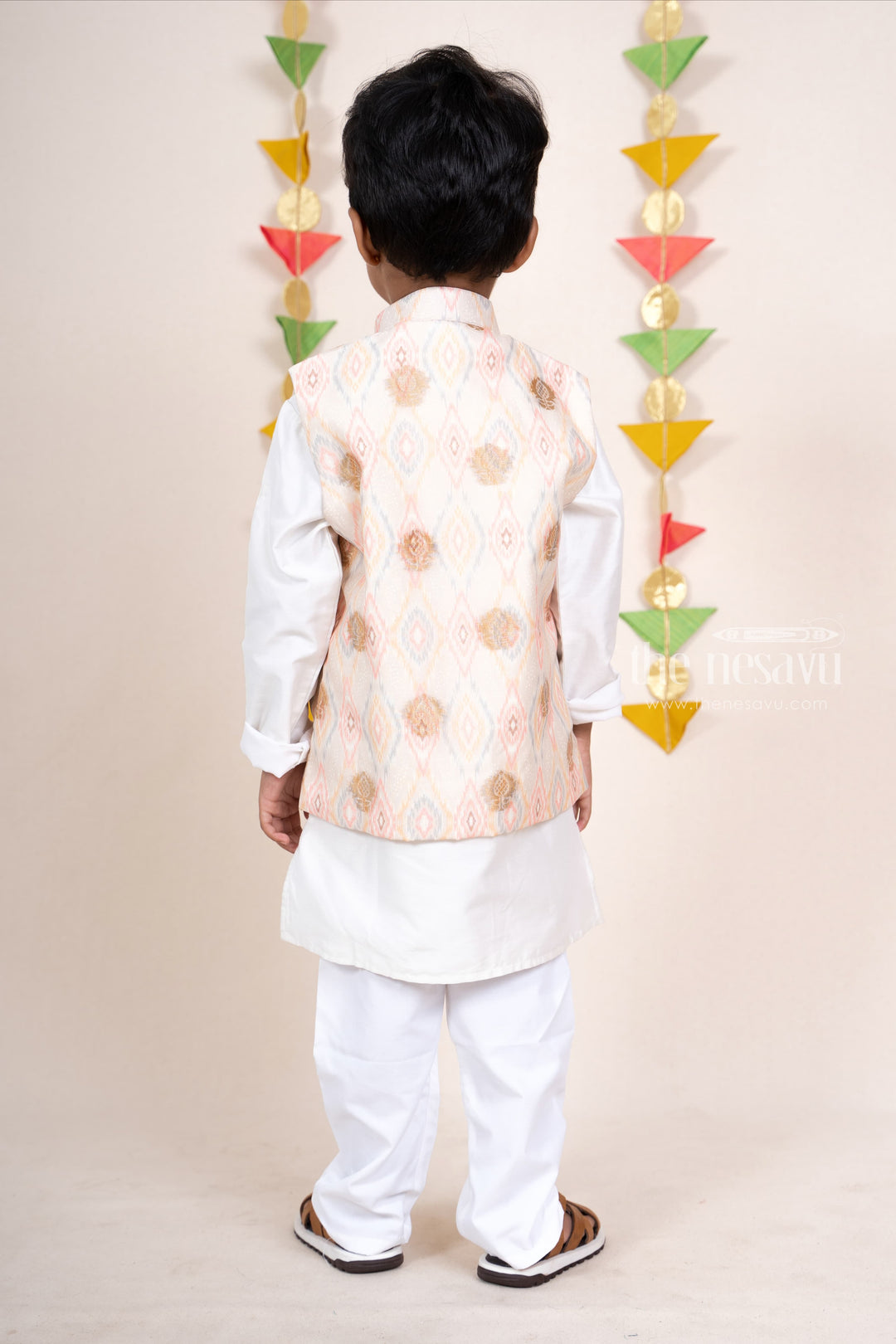 The Nesavu Ethnic Sets Elegant White Chanderi Silk Cotton Kurta For Boys With Pink Ikkat Overcoat psr silks Nesavu
