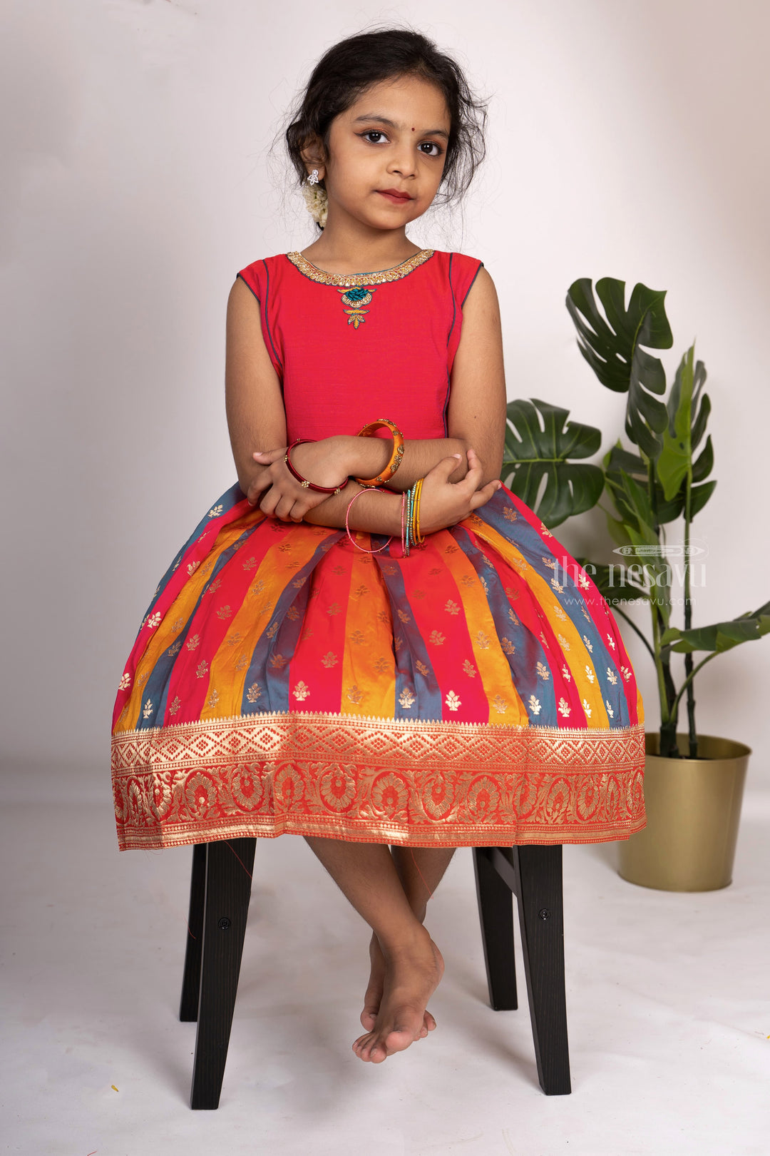 The Nesavu Silk Frocks Embroidery Red Readymade Pattu Gown For Baby Girls psr silks Nesavu 12 (3M) / red SF355