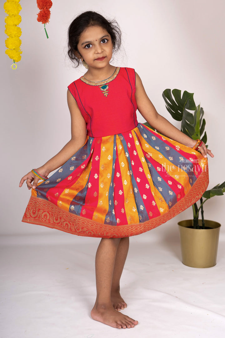 The Nesavu Silk Frocks Embroidery Red Readymade Pattu Gown For Baby Girls psr silks Nesavu