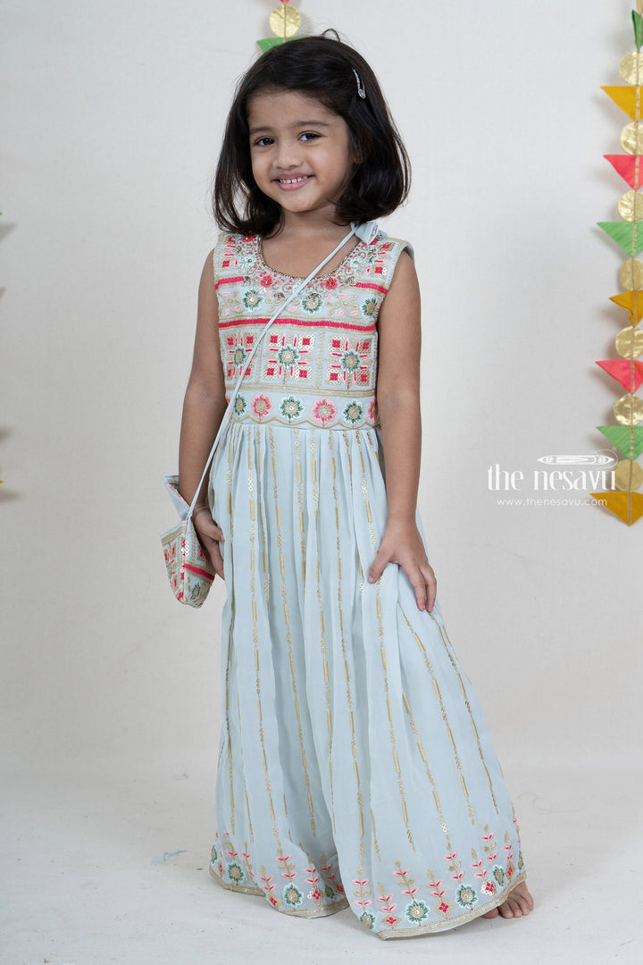 The Nesavu Sets & Suits Embroidery Sequenced Georgette Pleated Designer Festive Wear For Girls psr silks Nesavu 16 (1Y) / LightCyan GPS094A