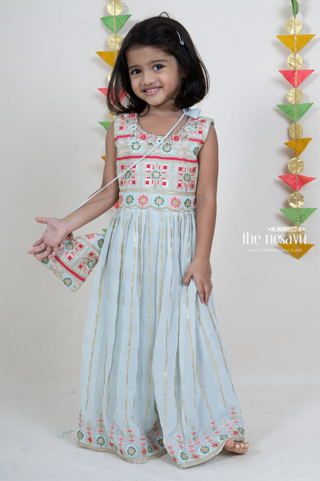 The Nesavu Sets & Suits Embroidery Sequenced Georgette Pleated Designer Festive Wear For Girls psr silks Nesavu