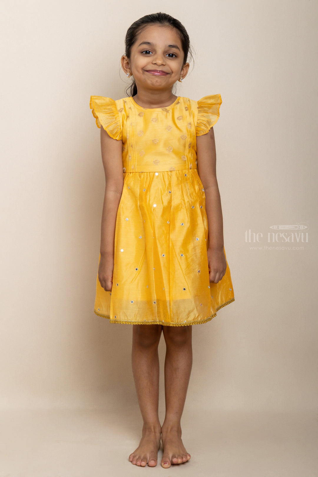 The Nesavu Frocks & Dresses Exemplary Yellow - Cottony Cute Frocks With Mirrors And Gold Puttas psr silks Nesavu 14 (6M) / Yellow GFC968A