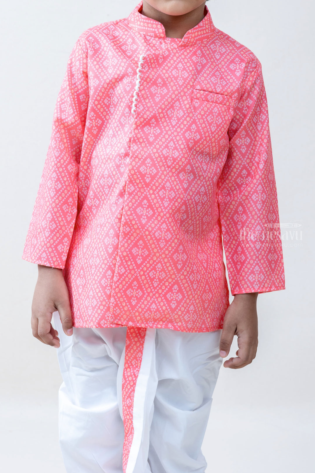 The Nesavu Ethnic Sets Eye Candy Prints - Pleasing Pink Kurta With Panchakacham White For Little Boys psr silks Nesavu