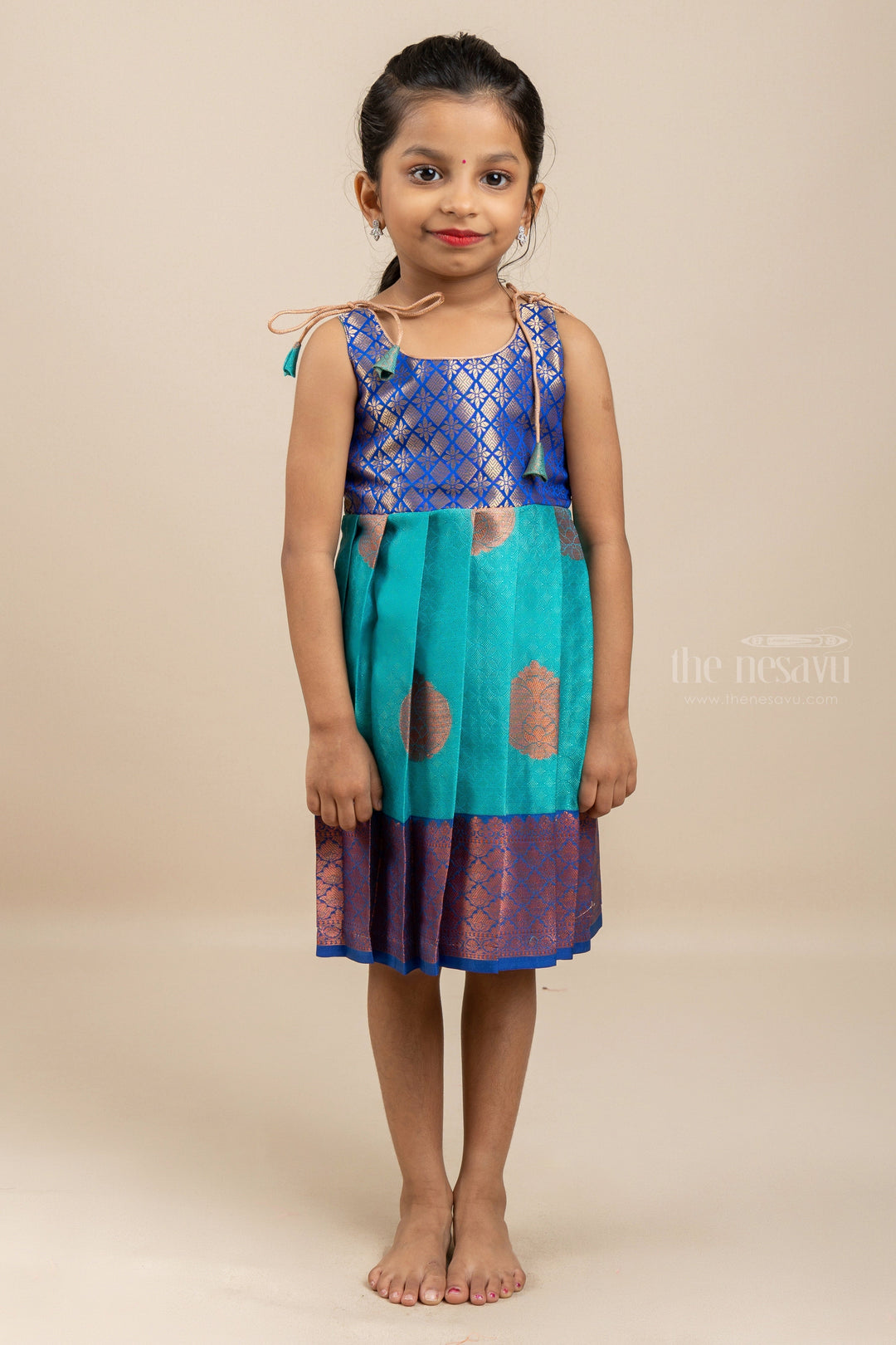 The Nesavu Tie-up Frock Fabulous Blue And Turquoise Brocade Semi-Banaras Tie-up Silk Frocks For Little Girls psr silks Nesavu 12 (3M) / Turquoise T261A