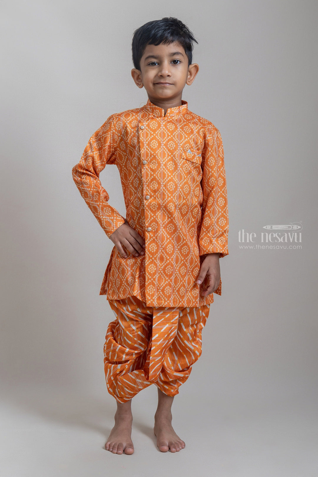 The Nesavu Ethnic Sets Fancy Orange Bandani Printed Cotton Kurta Set For Little Boys psr silks Nesavu 14 (6M) / Orange BES325A