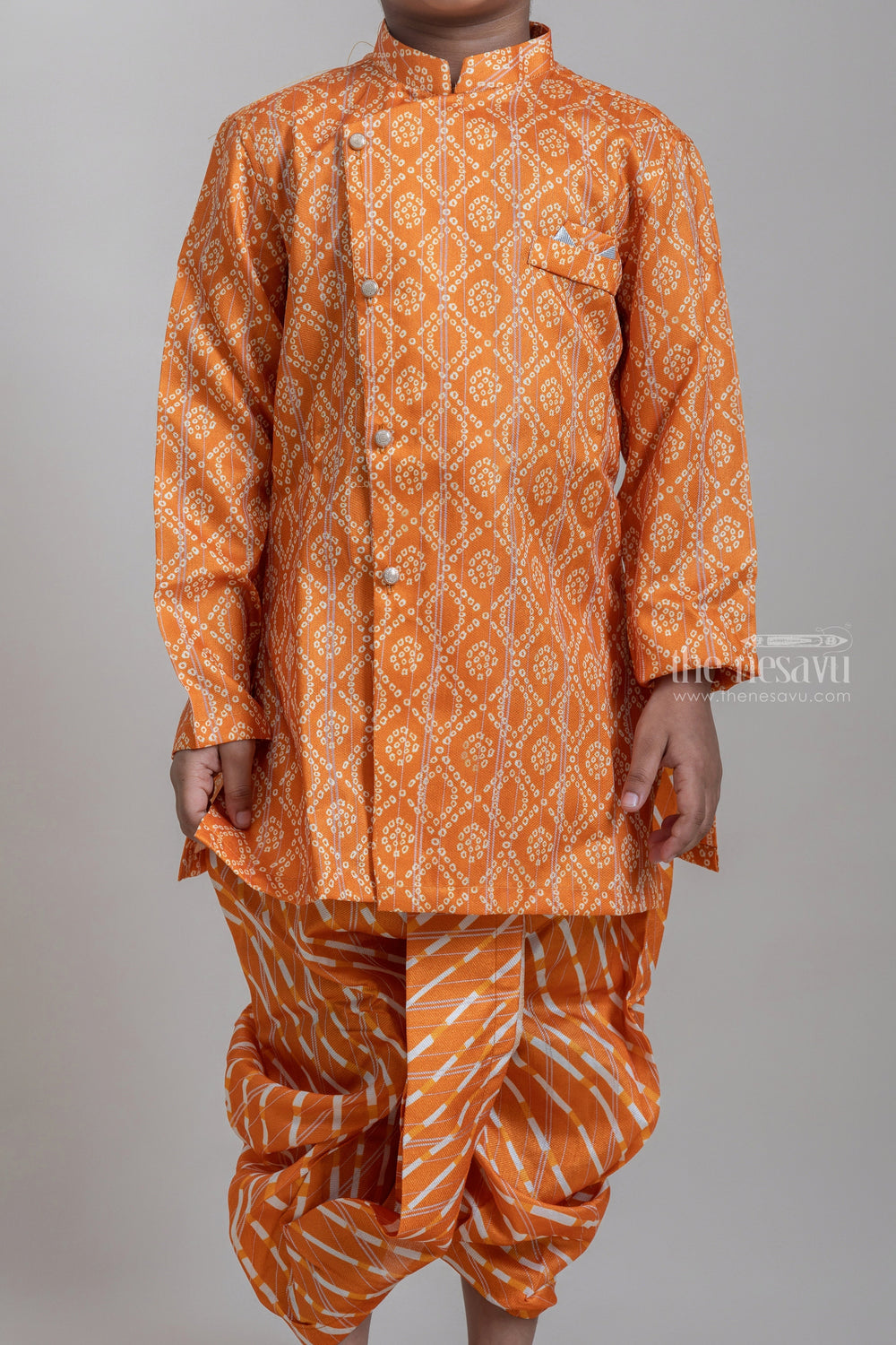 The Nesavu Ethnic Sets Fancy Orange Bandani Printed Cotton Kurta Set For Little Boys psr silks Nesavu