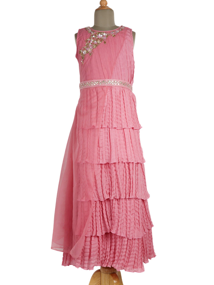 The Nesavu Frocks & Dresses Fancy Party Wear Full Gown For Girls With Hand Embroidery Belt Embellishment psr silks Nesavu 24 (5Y-6Y) / Pink GFC514